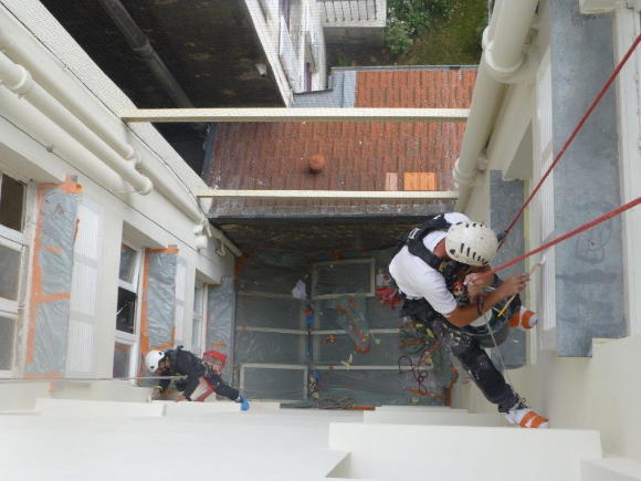 cordistes peignant les façades d'un immeuble