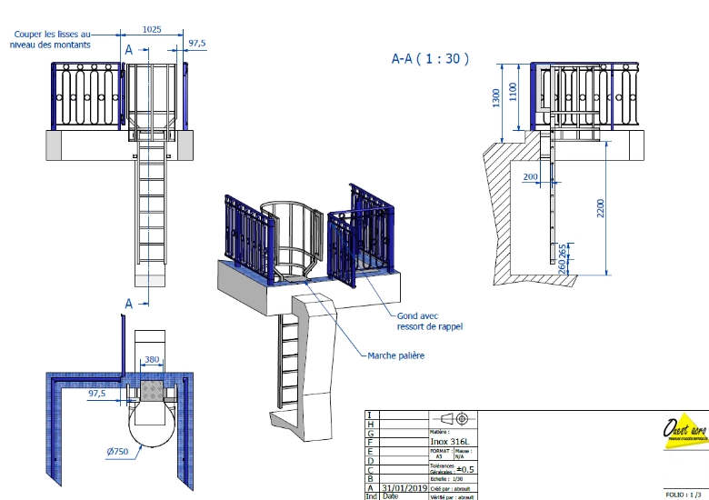 plan d'une structure en béton avec une échelle